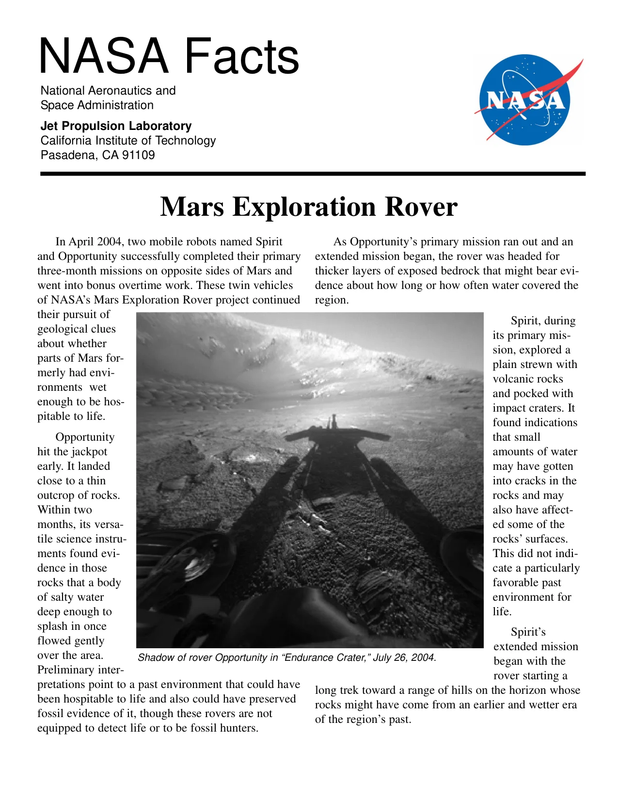 NASA Facts 「Mars Exploration Rover」 첫 쪽. 제목, 주소, NASA 로고, 표제, 로버 그림자 사진을 두 단 본문이 감싸고 있습니다.